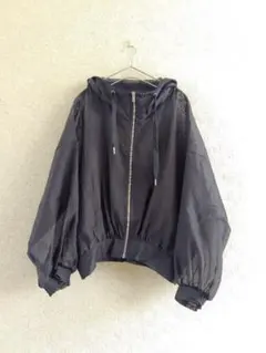 バルーンスリーブシアーブルゾン　黒 フード付き　シアーパーカー