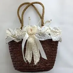motherways ブラウンドット柄 フリルリボン付きかごバッグ小
