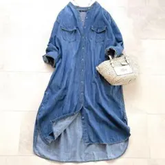 美品 アーバンリサーチ バンドカラー デニム シャツワンピース ロング ブルー