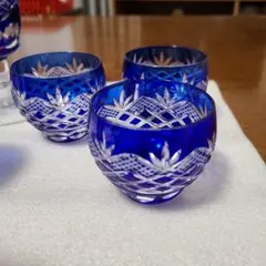 青色カットガラス酒器セット 6個　江戸切子