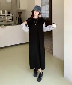 大きいサイズ ワンピース　重ね着風　レディース 秋冬　春 新品 長袖　シャツ