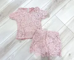 ピンク 花柄レース トップスとショートパンツセット