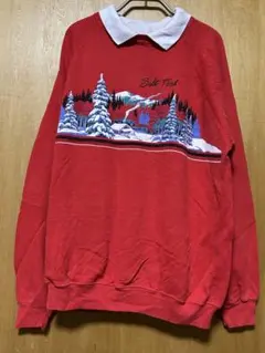 Salt Fish 風景刺繍 長袖トレーナー　レッド襟付きスウェット