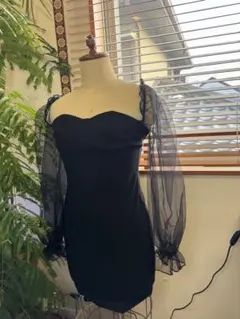 シースルー長袖ボディコンワンピース ブラック