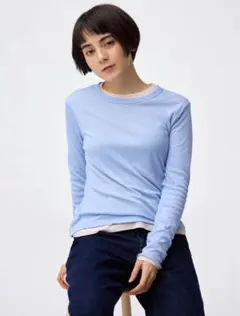 【美品】GU ジーユー ソフトシアークルーネックT(長袖) ブルー Mサイズ