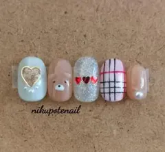 ネイルチップ 　チェック　クマ　ピンク　ハート　ラメ