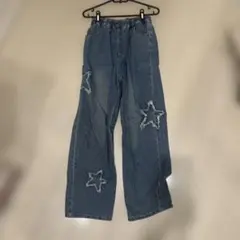 星形ダメージ加工ワイドレッグデニムパンツ M