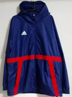 【極美品】adidas フード付きナイロンコート ネイビー/レッド 2XL