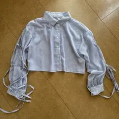 ストライプ クロップドシースルーシャツ リボン付き