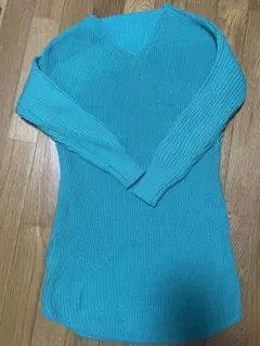 長袖　ニット　セーター　ミニワンピース　ロング丈セーター　グリーン　緑　タイト