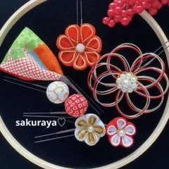 【465】つまみ細工髪飾り　七五三詣 卒業式袴　成人式　結婚式　橙緑白金