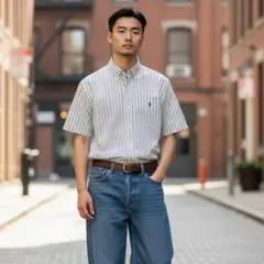 【1447】RalphLaurenラルフローレン半袖ストライプシャツ40XL