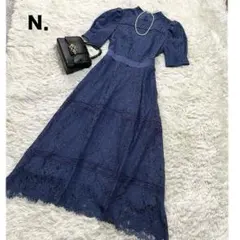 N. エヌドット★総レース ドレスワンピース　ロング丈　パーティ　結婚式　青　M