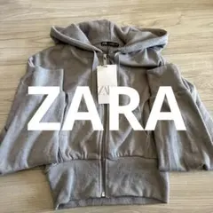 ZARA グレー フード付きショート丈パーカー S