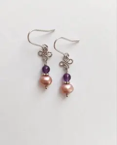 アメジストとピンクパールのピアス/樹脂フック/ノンホール/サージカルステンレス