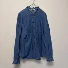 H&Mデニムブルー 綿100 長袖シャツ フリル付き ブラウス