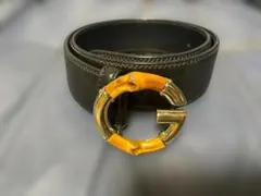 0232■　GUCCI ブラック バンブー メタル レザー ベルト 黒のサムネイル