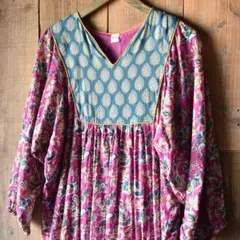 新品 インド綿ワンピース 花柄 アジアン エスニック ブロックプリント Wタイプ