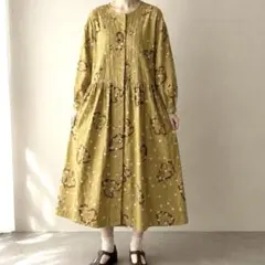 美品】ポットアンドティー ノーカラーロング花柄ワンピース イエロー