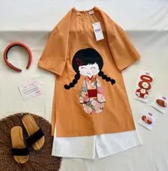 No.BB2502ハンドメイド 女の子リネンベトナムアオザイセット➖可愛いキルト