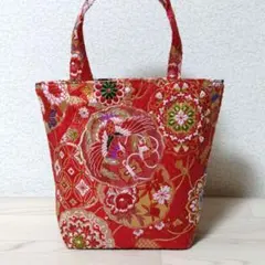 Ｈ−65　鳳凰 華文 帯リメイクトートバッグ　ハンドメイド　和装バッグ