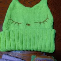 蛍光グリーン 猫耳 ニット帽