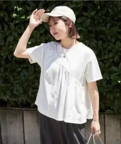 FREAK'S STORE アシメギャザー半袖Tシャツ ホワイト