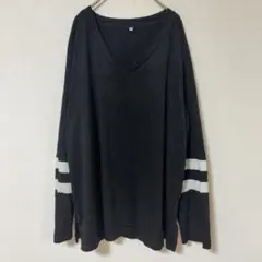 ライン袖 Vネック 長袖 カットソー 無地 ビッグサイズ XXL 黒 レーヨン混