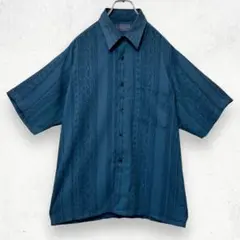 レトロ 半袖シャツ ポリシャツ L ブルー グリーン 総柄 シースルー