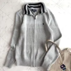 【ラルフローレン】カーディガン　羽織り　ポニーロゴ　ジップアップ　綿　グレー