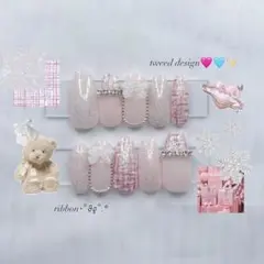 ツイード／ピンク／水色／リボン／フレンチ／春／冬／韓国ネイル／ワンホンネイル