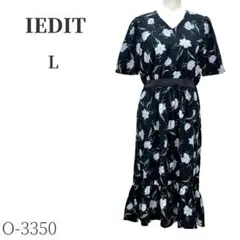 イディット フェリシモ 花柄半袖ワンピース 黒 Lサイズ Vネック 裾切り替えのサムネイル
