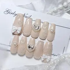 Ｎｏ．現品 ネイルチップハンドメイド ベージュハートパールリボン韓国ちゅるん