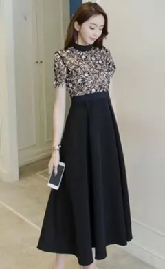 花柄レース切替ワンピースL 配色レース オケージョンドレス 結婚式 お呼ばれ 黒