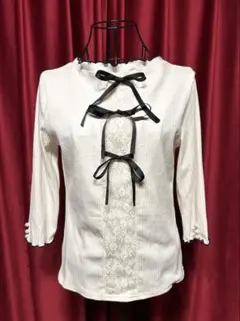 リボン レース カットソー 白×黒 七分袖 ガーリー