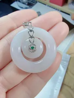 R2M-0577天然本翡翠 《本物保証》親子連れ 白氷翡翠ペンダント ネックレス