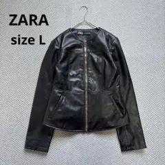 極美品 ZARA ザラ レザー ノーカラージャケット ゴールドパーツ L