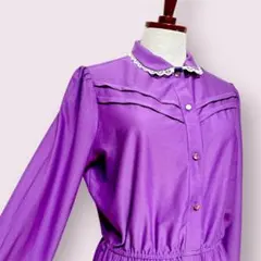 vintageヴィンテージワンピースレース襟プリーツ切替紫系レトロUSA海外古着