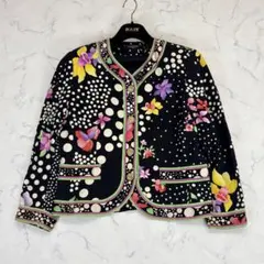 レオナール　XL シルクノーカラージャケット　花柄ドット柄　金ボタン　トリムのサムネイル