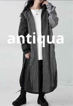 アンティカ 切替　ストライプ　シャツワンピース　ブラック