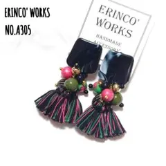 ＼個性的／タッセルピアス 黒 ピンク 緑 一点物 大ぶり【イヤリングへ変更可能】