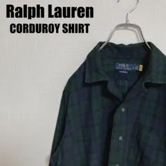 希少ラルフローレンオープンカラーブラックウォッチコーデュロイシャツM裾ポニー刺繍