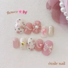 ネイルチップ サイズ変更 ぷっくりフラワー ニュアンス 小花柄 落書き 春 淡色