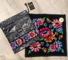 FELLER 花柄刺繍 タオルハンカチ&合成皮革の巾着