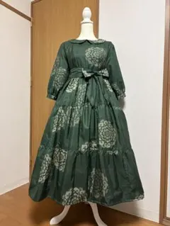 着物リメイク♪ 大島紬　3段ティアードワンピース　華紋模様　総裏地付き　ＭーＬ