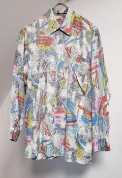 シルク100% 長袖レギュラーカラーシャツ 絹100% 総柄 SILK カラフル