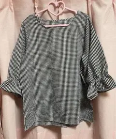 トップスギンガムチェック　7分袖　可愛い　ゆったり