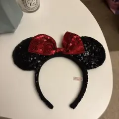 ミッキー耳カチューシャ 赤リボン スパンコール