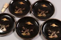 MA220 時代漆器 松竹梅鶴金蒔絵 縁唐草 黒塗 大徳寺盆 五客 菓子盆 木皿