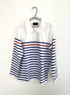 40.新品Le Minor 白/レッド／ブルーのボーダー柄長袖ポロシャツ